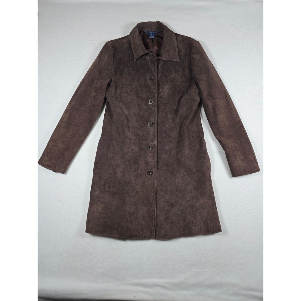 Y2k Genuine Suede Leather Long Car Coat Brown Medium Trench Jacket Vintage